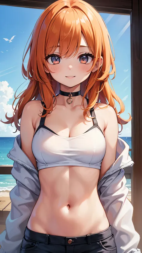 ((daytime, real light, highest quality, 8K, masterpiece: 1.3)), 1 girl, Chubby Beautiful Girl: 1.4, abs 2,0, butt 1.5, (Orange medium hair, 2.0), shorts, damaged: 1.2, off shoulder, White Sunny Sky Studio, super detailed face, highly detailed eyes, double ...