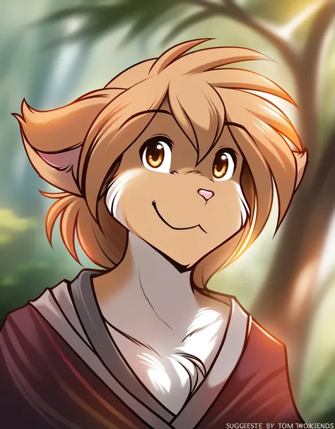 twokinds, by tom_fischbach,, solo, (felid mammal keidran zen_(twokinds) male Brown eyes),, (best quality, masterpiece:1), portrait, (outdoors dark forest trees blurry blurred background:1.1),, 