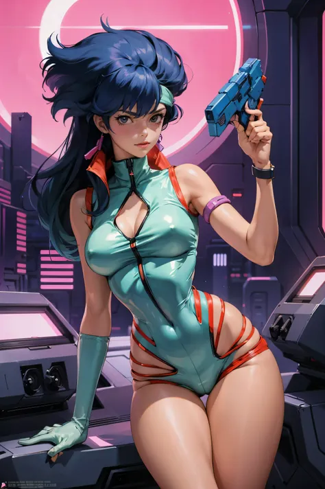 Yuri from The Dirty Pair, , wearing a tight outfit, skimpy, medium breast, long hair, dark blue hair, beauty, cyberpunk city background, holding retro space-gun, slim waist, slim thighs, thigh gap