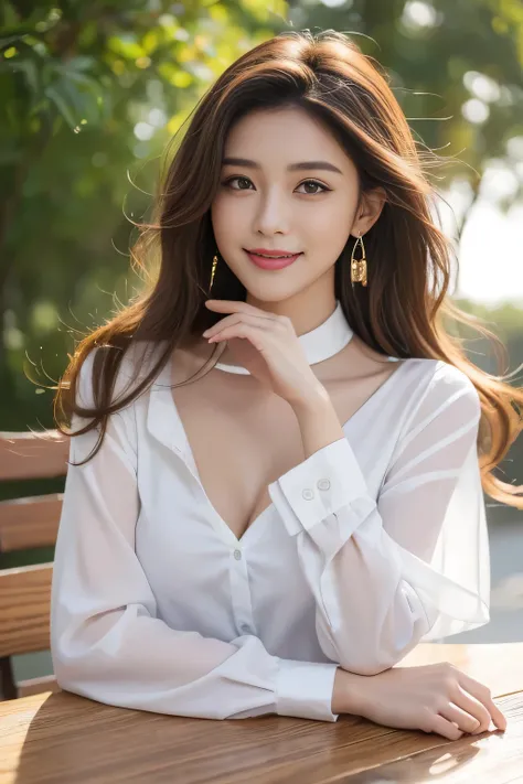 ((highest quality, 8K, table top: 1.3)), sharp: 1.2, perfect body beauty: 1.4, slim abs: 1.2, ((light brown long hairstyle,medium breasts: 1.2)), cleavage, (pale white long shirt: 1.1), Highly detailed face and skin texture, fine eyes, double eyelid, View ...