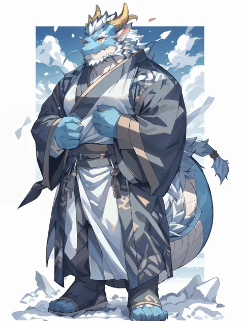 (黑色皮膚東方dragon),(黑白阴阳general裸內和服),holding a long sword,strong posture,stand calmly,(the background is a city covered in ice and s...