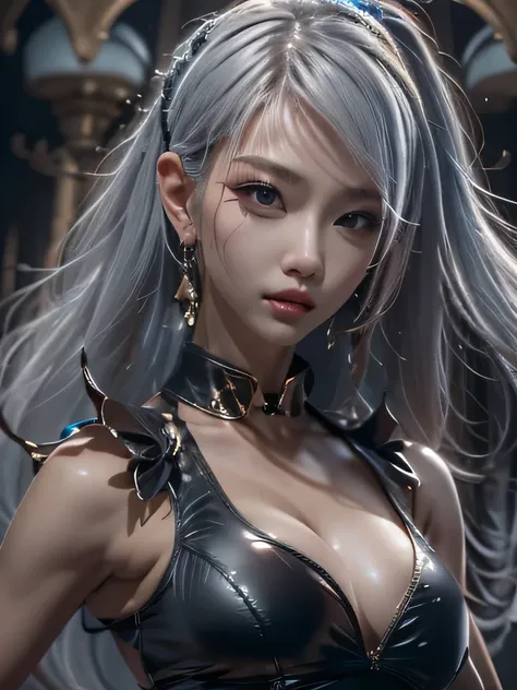 masterpiece, Raw photo，photorealism，High resolution，highest quality，High resolution, perfect composition, perfect face, perfect body, 16k，cinematic lighting，silver hair，Succubus，whip，latex，black，Charm，Demons Castle Background、clavicle visible devil costume...