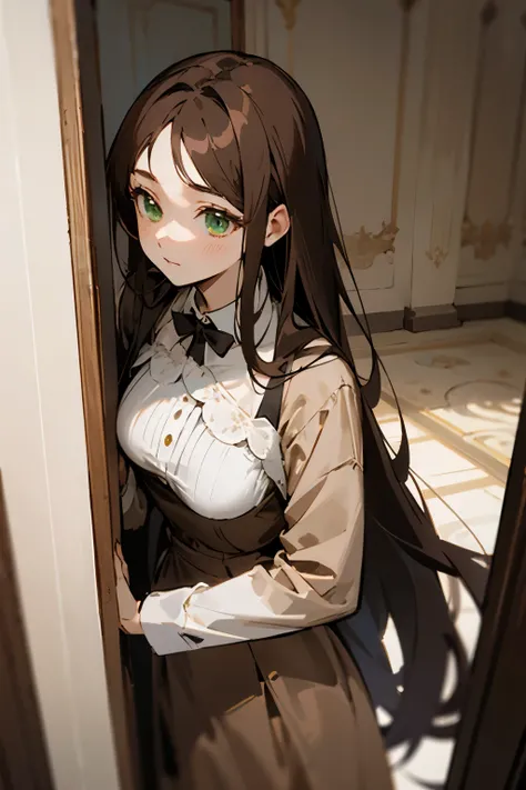 very long dark- brown hair,  green eyes 1women
brown dress clothes at room, shining
bust shot, looking straight ahead, 1women