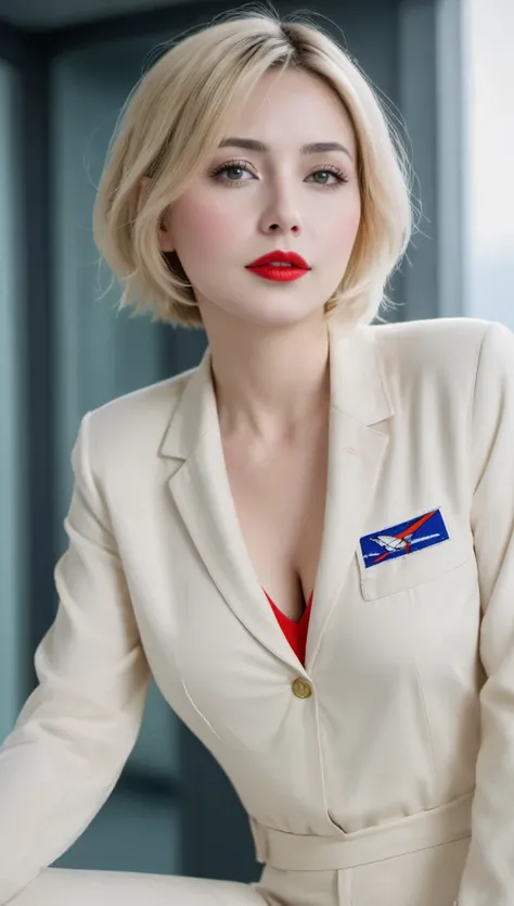 (((surreal woman)))、((very beautiful 30 year old white woman))、(((Big big cleavage)))、future female pilots、
short hair、blonde mature、Chubby body type、beautiful expression、fine scarlet eyes、stay on a huge space station、red lips、((wear a red flight suit))、((...