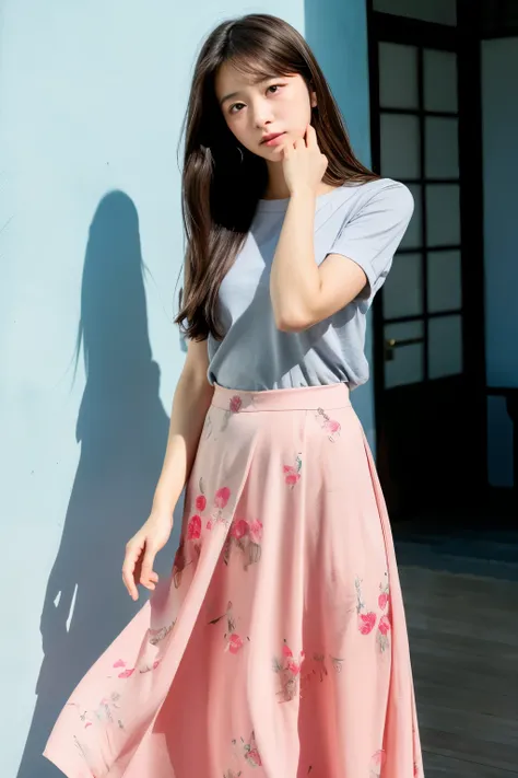 (masterpiece, best quality:1.2), (raw photo),(film gain:0.7),
(beautiful 14yo Japanese girl),
BREAK Bluegray simple shirt,　BREAK pink flower detailed design elegant long skirt,
BREAK (dynamic lighting), (Dapped sunlight:0.8),