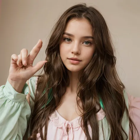 wavy long hair, brown hair, 1girl, emerald eyes, waving with two fingers on breast pink lips, pastel green dress,