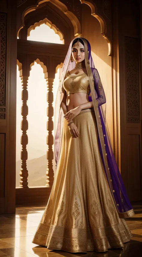 (Beautiful 18 year old Indonesian girl wearing a golden purple lehenga and hijab, photo realistic picture, very realistic, wind effect adding soft feel to her flowing hijab and dress, located at the top of Borobudur temple, capturing the magical sunset wit...