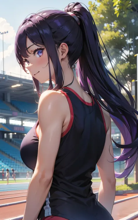 realisticlying，((upper body:1.3))、extremely detailed CG、high resolution、absurderes:1.8、detailed background:1.3、beautiful detailed hair、detailed eyes:1.6、、、、、、 1 girl, track and field player, shiny skin、beautiful body、 ((buruma、 sleeveless track and field T...