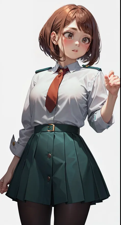 Ochaco is a short girl with a curvaceous figure, realistic,real person,detailed face、Fair skin, reddish-brown hair with eyes that match the color,. She has a permanent pink blush on her cheeks, and彼女の目は大きくて丸く、Thick upper eyelashes, Two more lines on each s...