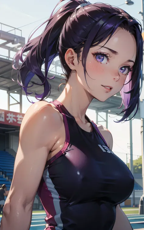 realisticlying，((upper body:1.3))、extremely detailed CG、high resolution、absurderes:1.8、detailed background:1.3、beautiful detailed hair、detailed eyes:1.6、、、、、、 1 girl, track and field player, shiny skin、beautiful body、 ((buruma、 sleeveless track and field T...