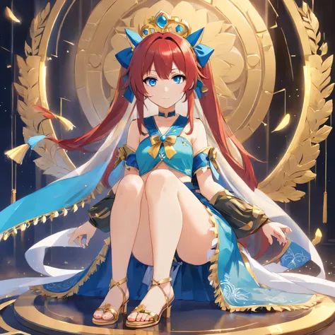 long red hair tied loosely at the back into low twin tails, light aqua eyes, white and blue cropped top with detached sleeves and gold details going from cuffs to upper arms. patterned dark blue skirt held together with a large blue bow adorned with a blue...