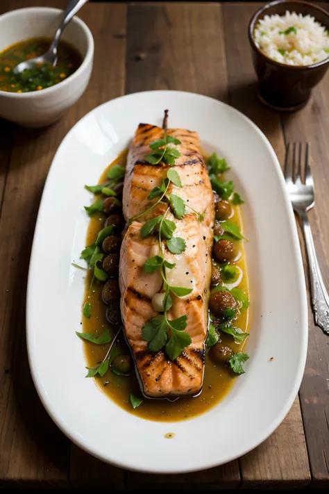 Grilled salmon with passion fruit sauce