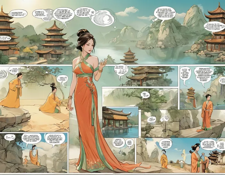 comic storyboard:1.8, comic strip_layout,chinese woman，the beautiful，costume dress，edgbunny，full moon, 32k ，hyper hd, ， anatomy ...