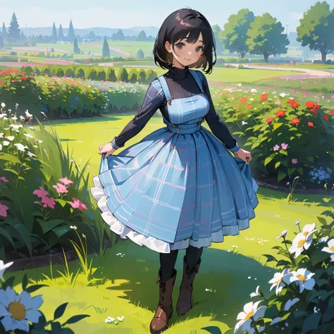 (high quality, High resolution, Super detailed, reality:1.37), peaceful atmosphere, (outdoor, garden), teenage girl standing alone, (my breasts are big.), Beautiful detail features, cute smile, (black bob hair), ribbed sweater, blue plaid skirt, black tigh...