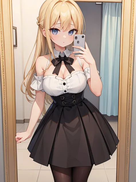 masterpiece, {{{{Highest quality}}}}, 16K, beautiful,1 girl, blonde_hair, pleated_skirt, bare_shoulders, sleevesless, cleavage, black_pantyhose, selfee、self-taken picture、taking a picture of oneself, self_shot, In front of the mirror, Reflection in a mirro...