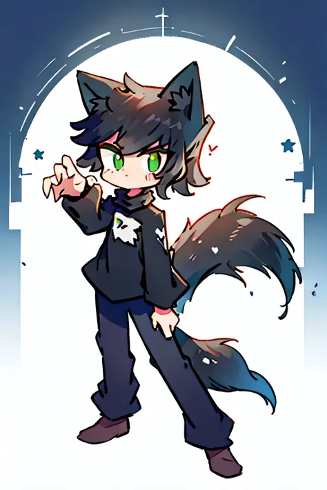 a boy ,black hair black shirt , green eyes , transforming into a wolf , wolf hand , fox ears