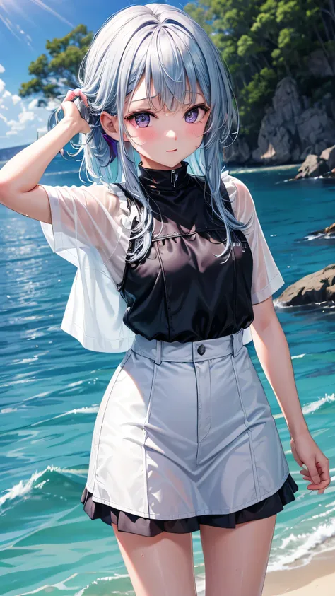 very cute 10 year old girl、(wet white t-shirt、wet miniskirt、wet hair、The whole body is wet)、Ocean、silver blue colored hair、purple eyes、white skin、beautiful skin