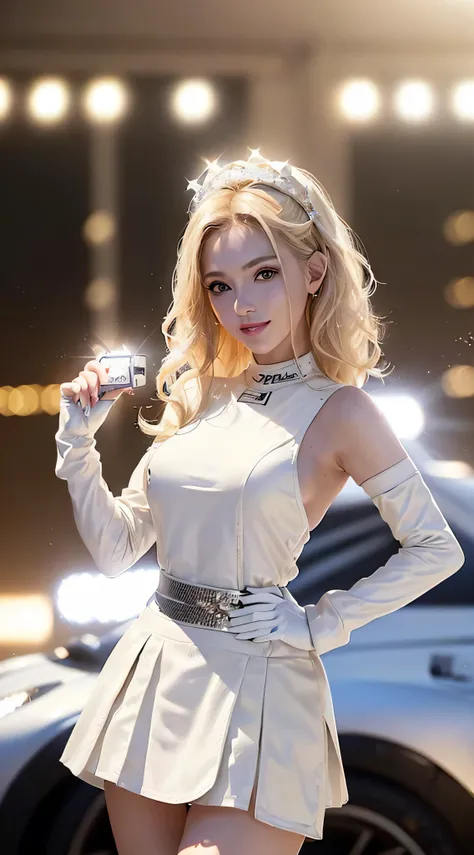 European and American women, Fashion Model, Glamour, paparazzi taking pictures of her, blonde hair, brown eyes, 8K, high quality, masterpiece, 最high quality, hd, very detailed, volumetric lighting, realistic,((Race Queen、white costume、Stand in a motorsport...