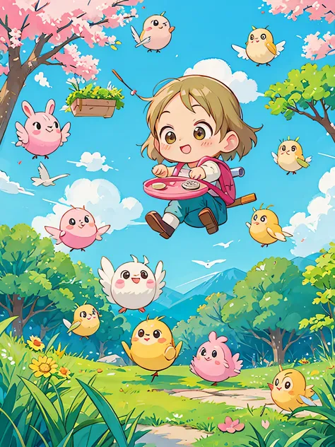 akira toriyama style, Kawaii Design, Chibi, beautiful spring afternoon、birdie