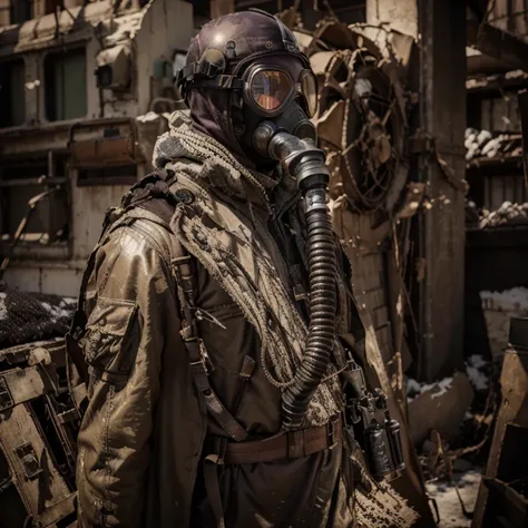 Male soldier, Soviet style gas mask made of latex covers his entire head with round visors with purple glass, brown Soviet style military uniform, metallic bulletproof vest, harnesses and belts with ammunition, carries ropes, tubes and cables, he is in a c...