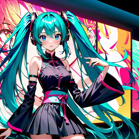 a high-quality, detailed portrait photograph featuring hatsune miku, the virtual idol, under vibrant neon lights with a futurist...