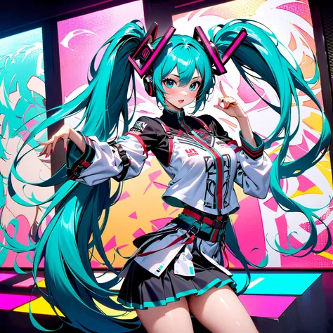 a high-quality, detailed portrait photograph featuring hatsune miku, the virtual idol, under vibrant neon lights with a futurist...