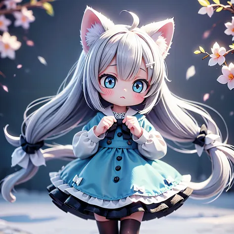 1girl, animal ears, tail, chibi, white hair, cat ears, solo, cat tail, long hair, hair ornament, cat girl, virtual youtuber, dress, blue eyes, ahoge, bow, white background, animal ear fluff, hairclip, holding