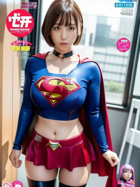 masterpiece、supergirl costume、short hair、enamel boots、big and full breasts、Crisis situation、standing posture、model body shape、shiny、long sleeve、looking at camera、choker、red mini skirt、Weekly magazine cover、gravure magazine、sweaty、whole body、from right in f...