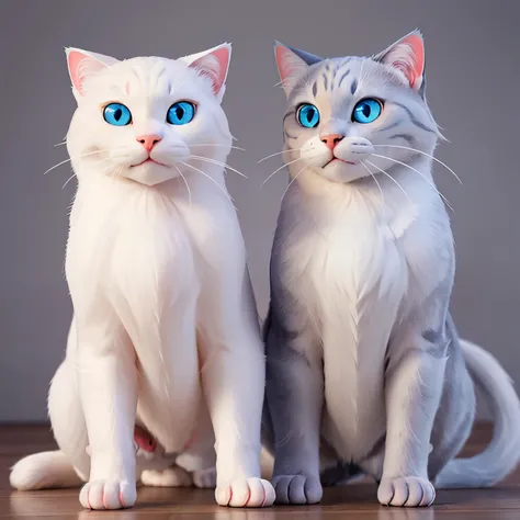  white cat and  grey cat,highres,ultra-detailed,soft fur,focused eyes,paw prints,sleek and shiny fur,bright blue eyes,detailed whiskers,playful interaction,lovely pair,color contrast,realistic fur texture,vivid colors,HDR lighting,classic portraits