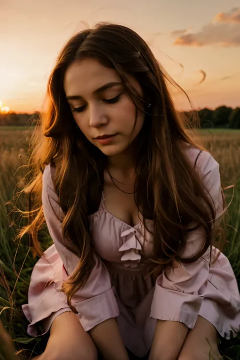  in a pink dress and long hair praying in a field at sunset