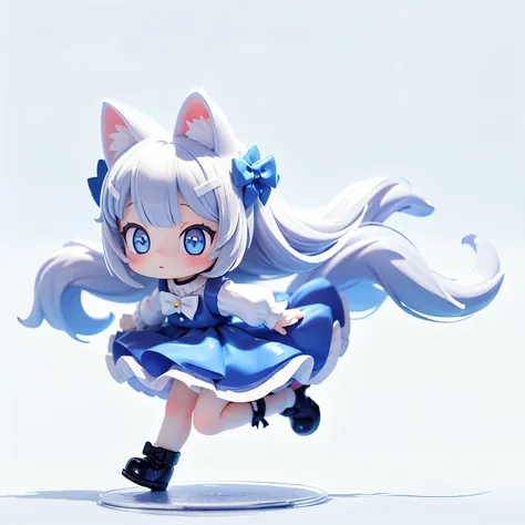 1girl, animal ears, tail, chibi, white hair, cat ears, solo, cat tail, long hair, hair ornament, cat girl, virtual youtuber, dress, blue eyes, ahoge, bow, white background, animal ear fluff, hairclip, jump