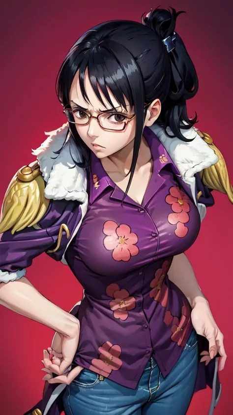 masterpiece, best quality, tashigi, black eyes, folded ponytail, eyewear , coat on shoulders, purple shirt, blue pants, cowboy s...