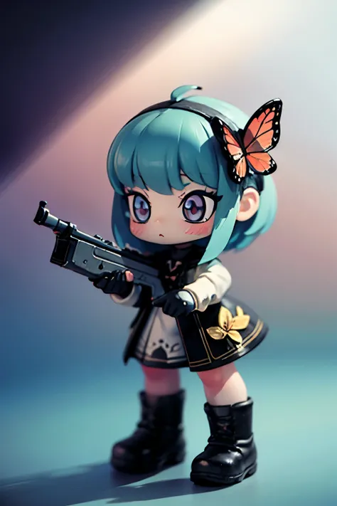 Octane Render、(Hyper-detailing: 1.15)、cinematic lightening、Cute Fantasy Princess、Handgun shooting practice、Fine Pattern Pistol,long boots、ultradetailed eyes、Full Paint、（Floral hair ornament、butterfly hair ornament）、masutepiece、Anatomically correct、blur、dep...