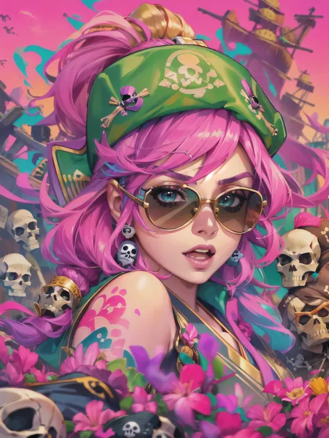 official art，unity 8k wallpaper，Super detailed，Works by stars of the beauty and esthetics industry，highest quality，（and colorful graffiti walls），1 girl，(((super cute girl)))、pink hair，green eyes，very detailed，dynamic angle，Pirate Shots，the most beautiful f...