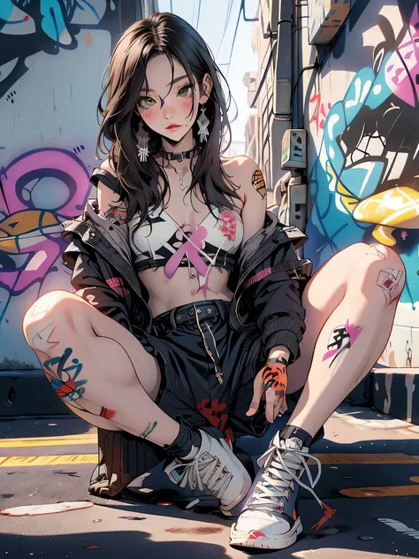 masterpiece, highest quality, pixiv, one cool girl, the strongest pirate girl, (((Japanese)))、Horikita Maki、small breasts、Completely naked、lips in love, dark brown hair, bob hair, gray eyes, white skin, gal, provocative、(((graffiti art))),　SKULL