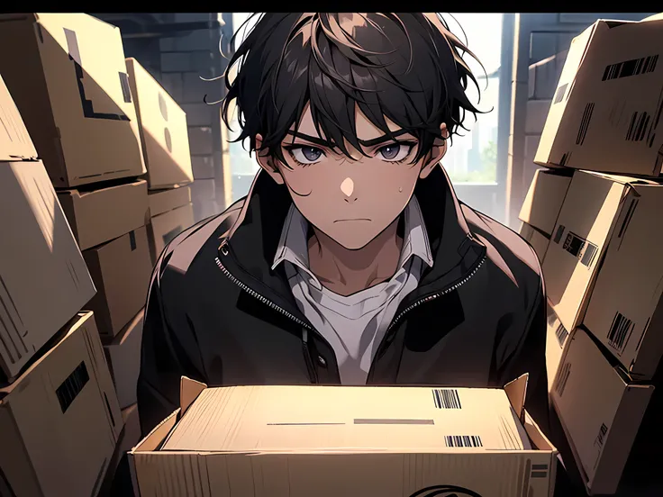 a young boy, wearing black sports jacket, lifting a cardboard box, sad face, tired face, sweating, working as illegal workers, showing only upper body (super intricate details), face to detail, detailed eyes, anime art style, high quality 8K anime wallpape...