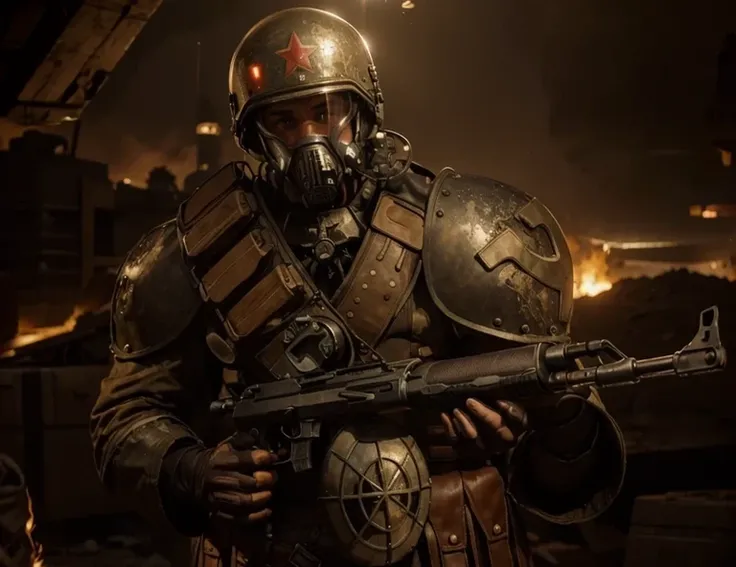 male soldier, gray iron helmet, tactical gas mask with tubes, brown Soviet style military uniform with red details, metal shoulder pads, communist symbols, belts with ammunition, holds a tommy gun, is on a post-apocalyptic totally destroyed city, explosion...