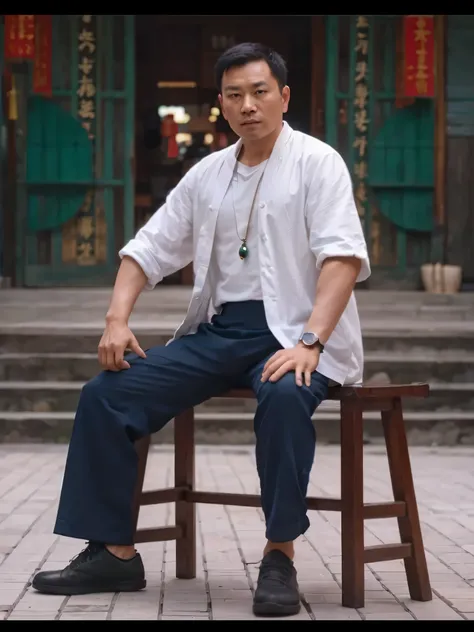 an Asian man 30 age, wearing a loose white shirt, blue trousers, and black kung fu shoes.  She wears a jade necklace.  The person sat on a simple wooden chair.  The background of the photo is a building with traditional Chinese architecture, has green door...