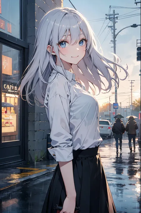 （Pretty sister:1.3）、long eyelashes、happy face,spring atmosphere、noon、aggressive、hot、((strong wind))、black skirt、shining eyes、light blue y shirt、Cafe、heavy rain