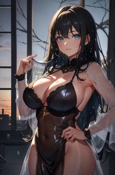 ((Masterpiece)), top quality, ultra-detailed, highly detailed CG unified 8k wallpaper, standing next to a large window, (Big breasts: 1.3), ((Sexy wet thin dress reproduced in detail)), (Beautiful detailed eyes)), (Detail eyes and detail face: 1.3), ((((We...