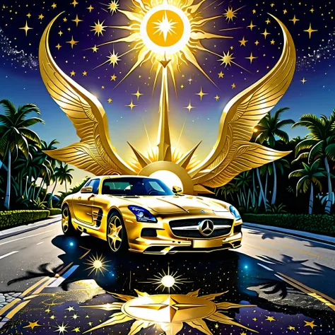 reussir, mourir, lingots dor, miami, mercedes, gold sls, baphomet, sur le chemin, crescent moon on the left, sun on the right,