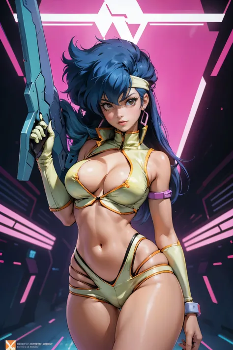 Yuri from The Dirty Pair, , wearing a tight outfit, skimpy, medium breast, (long hair), dark blue hair, beauty, cyberpunk city background, holding retro space-gun, cleavage, slim waist, slim thighs, thigh gap, (light yellow uniform), show belly