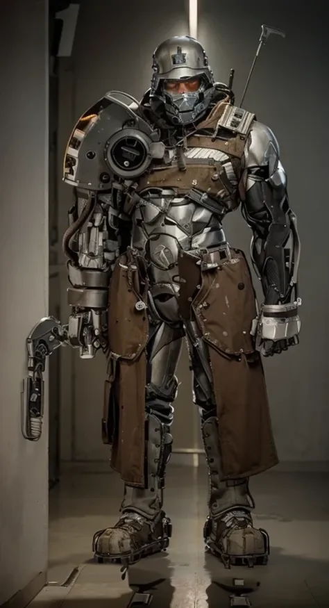 male cyborg soldier, gray iron helmet, human face of a Russian man, has scars on his face, robotic eye, has a very muscular human arm and torso, dirty skin, metal chest with tubes, brown Soviet style military pants with red details, shoulder pads metal, co...