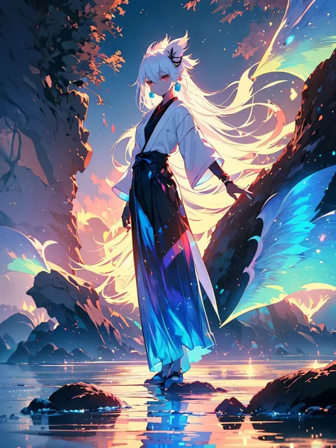 a girl, youkai foxy girl, white hair, sideburns with ribbons, long sideburns, red eyes brilhantes, luminous earrings, devilish smile, white hair, (((standing on a rock at the edge of the blue sea, cabelos em movimento))), full body, naughty, decote, seios ...