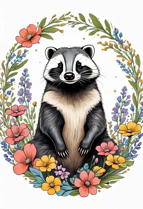 circular logo, (colored (Ink drawing style)),  (detailed), (happy and adorable badger sitting in the flowers),whimsical, cottagecore, no background