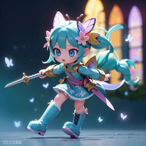 Octane Render、(Hyper-detailing: 1.15)、cinematic lightening、Sword Practice、long sword、Knee-high boots、super fine eyes、Full Paint、(floral hair ornament、butterfly hair ornament)、muste piece、anatomically correct、Blur、Depth of the bounds written