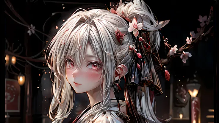 (many details, really good quality) cute hot white haired girl, long white hair, detailed cherry blossom background, good anatomie