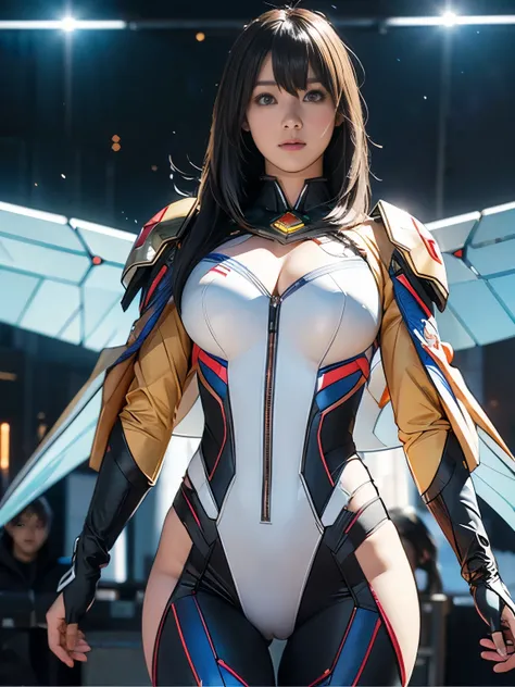 ((best quality)), ((Steel Maiden&#39;masterpiece)), (Very detailed:1.3), 3d, beautiful, (cyberpunk:1.2), in space, vague, Keep_arms, laser, (1女の子Mecha:1.3), Sexy figure, Facing the audience, bright blue Eye, whole body, black hair, (flight, descending orde...