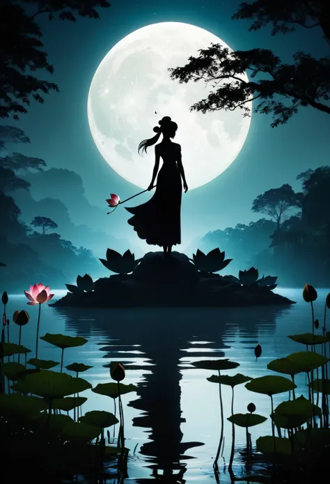 (Heroine silhouette:1.5),Strong dynamics,on  the lake，hight contrast, movie lighting, Enigmatic Atmosphere,，lotus flower，Lotus leaf，a moon