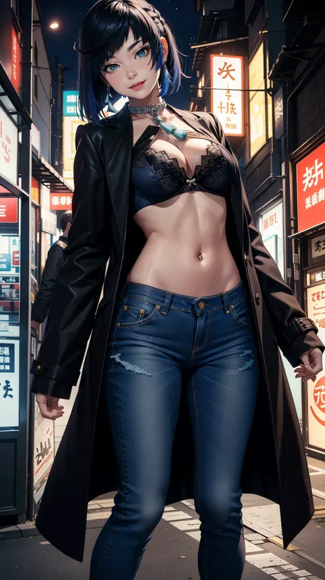 Masterpiece, high quality, 4k, large breast, cleavage, black bra, outdoor, dynamic poses, jeans, navel, smile, (night:1.5), cowboy shot, modeling, tokyo, crowds, standing, detailed face, (black coat:1.4), (yelanrnd)